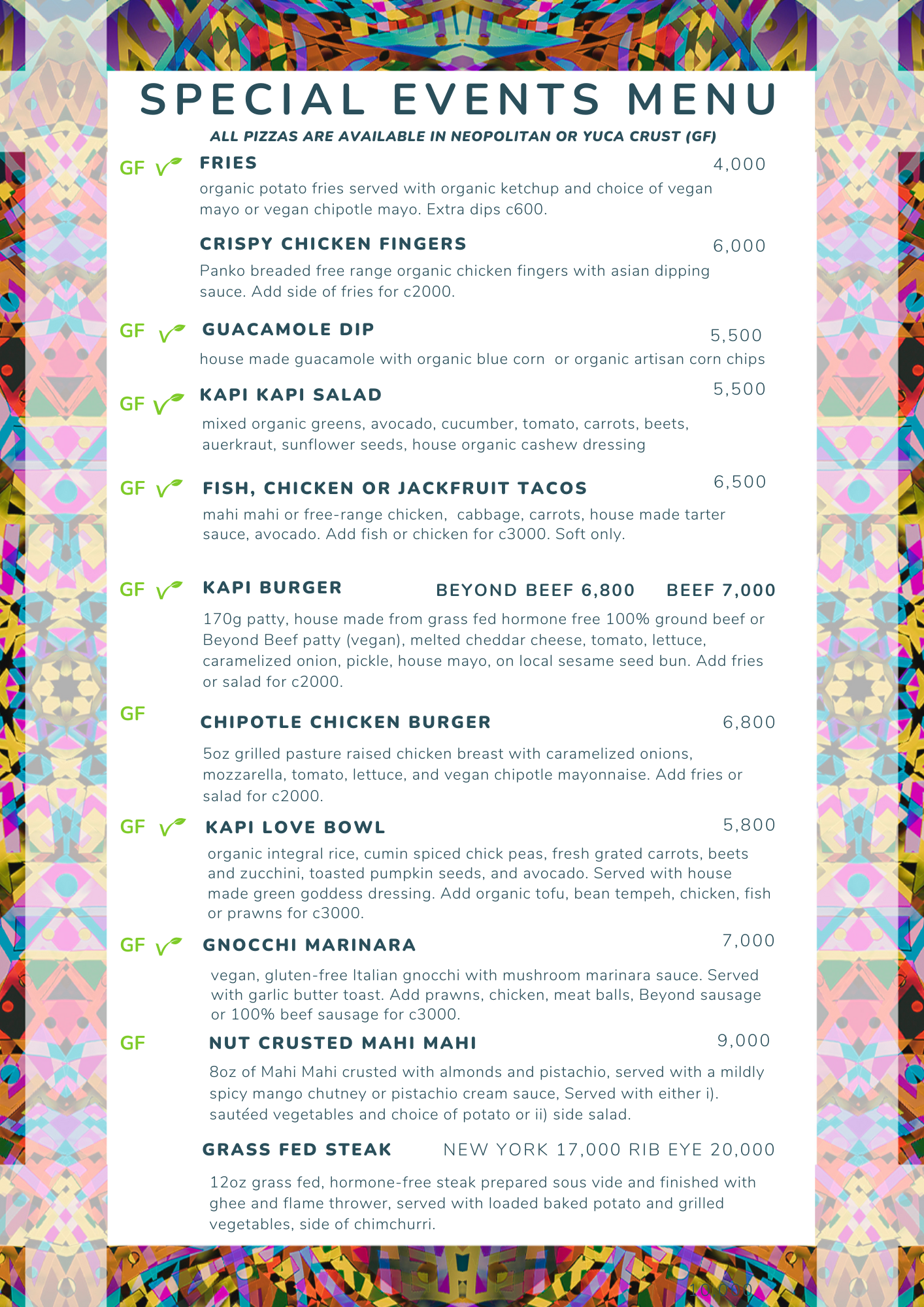 Kapi Kapi Events Menu in English